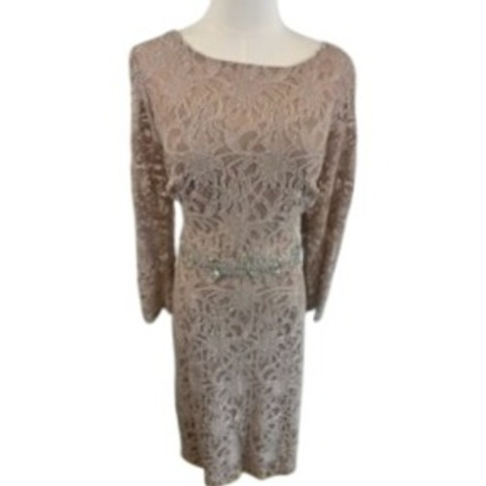 Jackie Jon New York Dress Women's Size 14 Beige Lace Long Sleeve Rhinestone